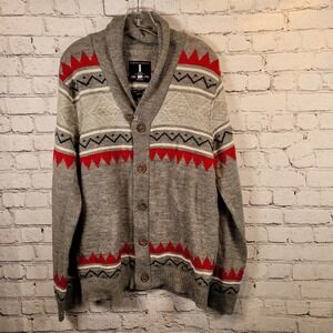 Jeans by Buffalo Cardigan Mens XL Grey Red Fair Isle Shawl Collar Excellent